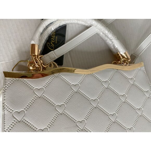 White Leather NWT Crossi Medium Faux Double Handle Handbag with Gold Accents - Picture 13 of 13